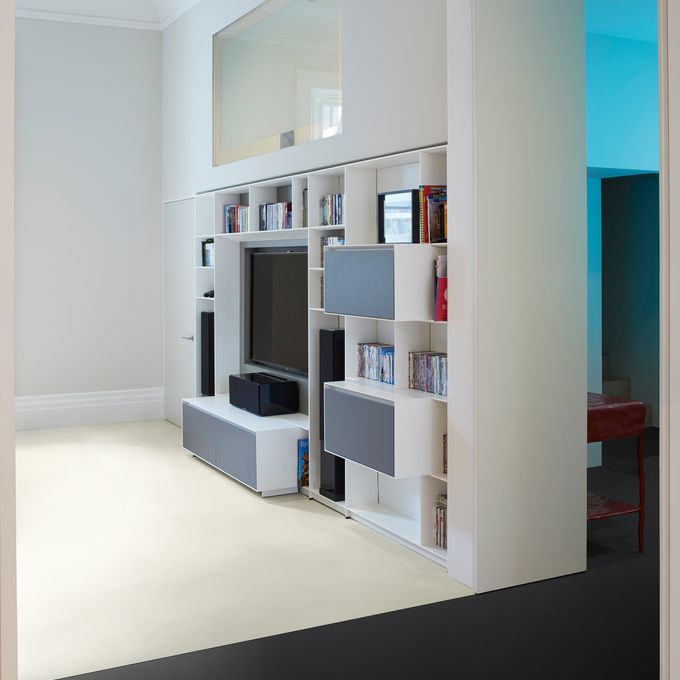 Media room with white flooring