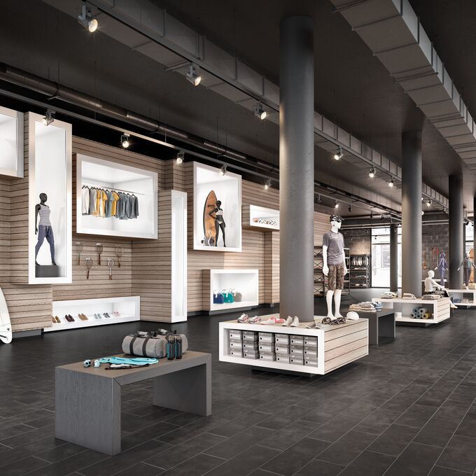 Charcoal coloured tiles in a surfers clothing shop