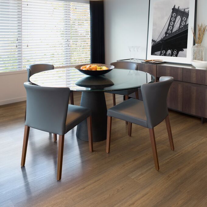 Dining table, chairs, window, ceiling light, oak flooring 