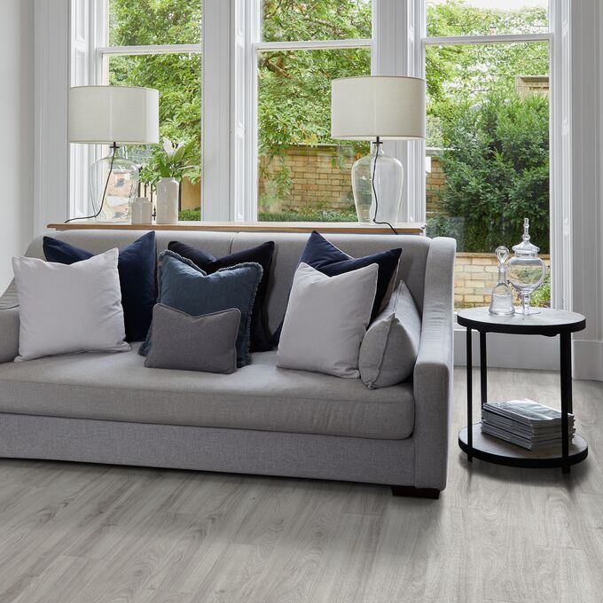 Living room, Bay windows, lamps, side table, grey wood effect flooring