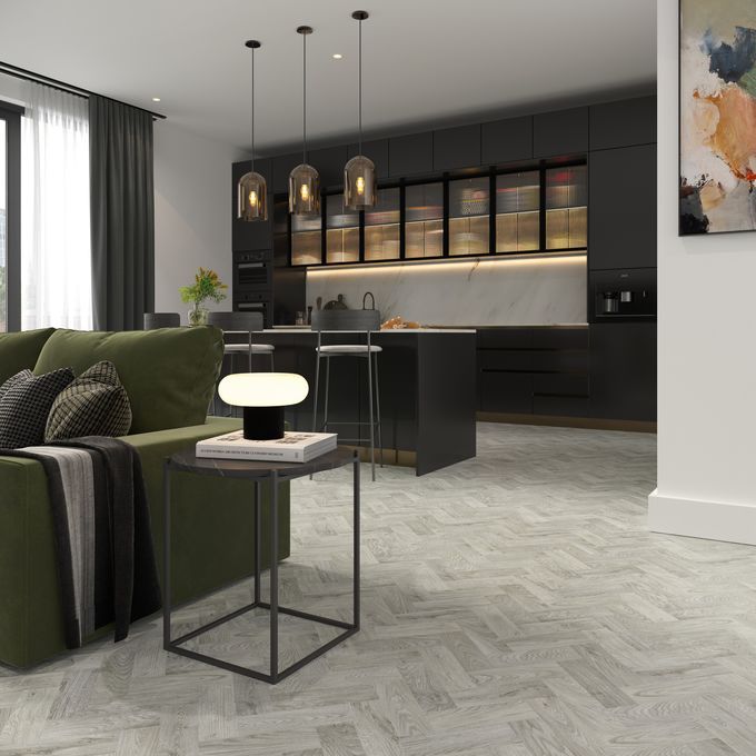 Light grey parquet flooring in a open plan living/ dining area