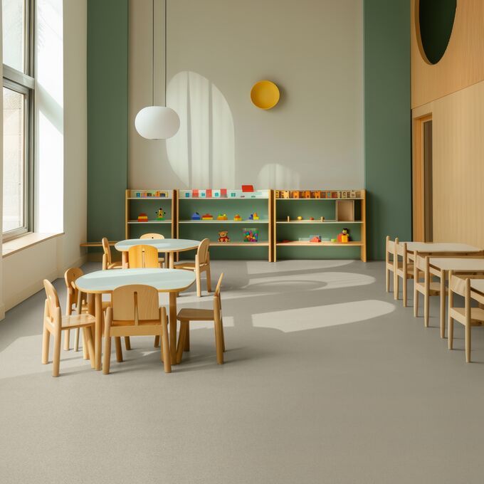 Beige coloured terrazzo patterned flooring laid in a nursery school room