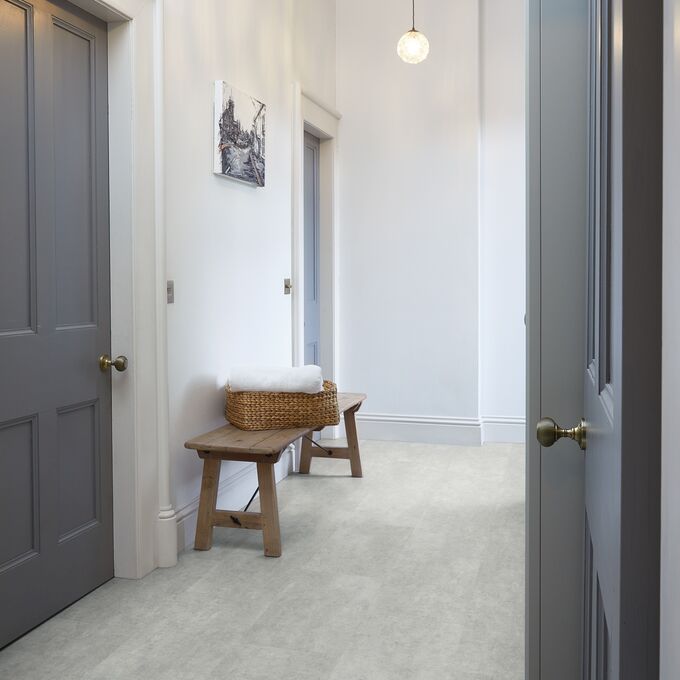 Hallway, Grey doors, Rustic bench, weave basket, Grey stone effect flooring 