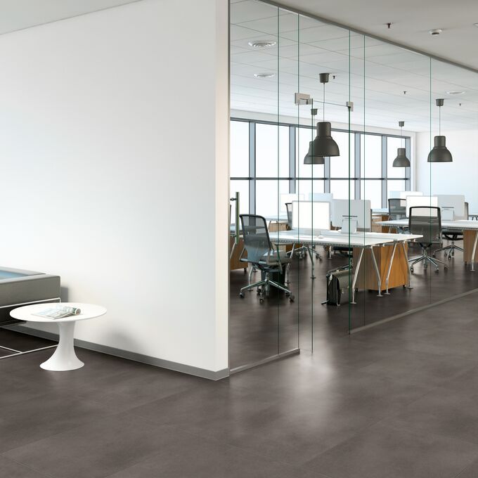 Office, Modern, desks, large glass windows, Grey, Dark, Concrete, flooring 