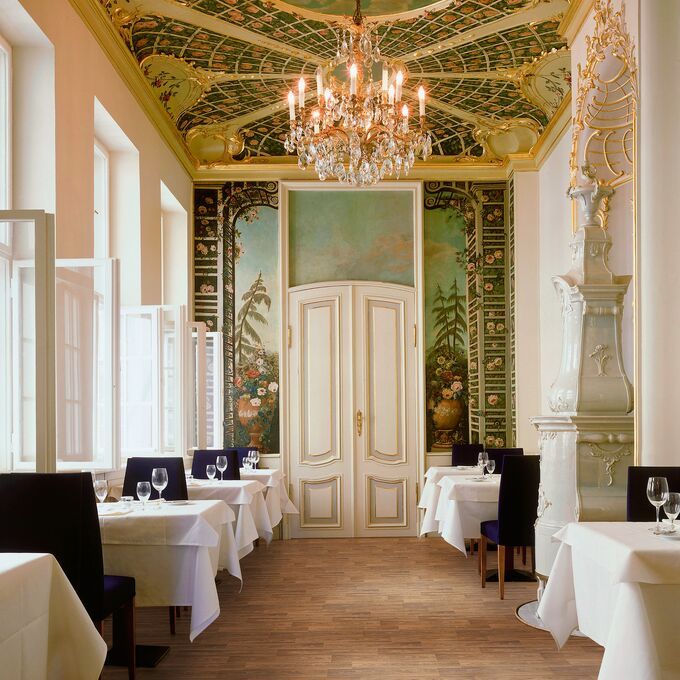 Walnut effect flooring in a restaurant dining area