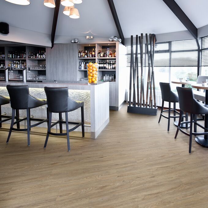 Bar area, Bar chairs, Tables, wine, wine glasses, oak flooring